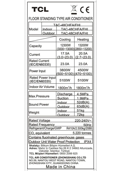 TCL 48.000Btu Floor Standing Klima TAC-48CHFA