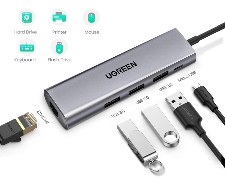 Ugreen 5in1 USB-A 3.0 - RJ45  3x USB-A 3.0  micro USB Adapter - Gray CM266 60812