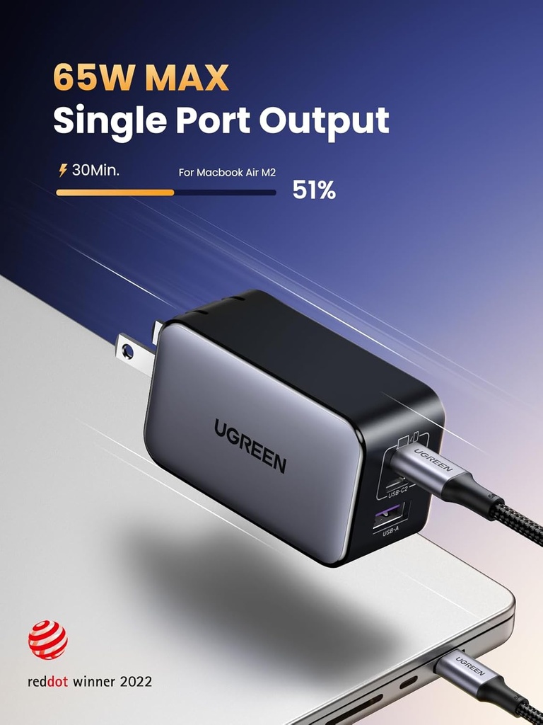 UGREEN Nexode RG 65w 3-Port GaN Fast Charger with 2 USB-C and 1 USB-A Black CD361 25686