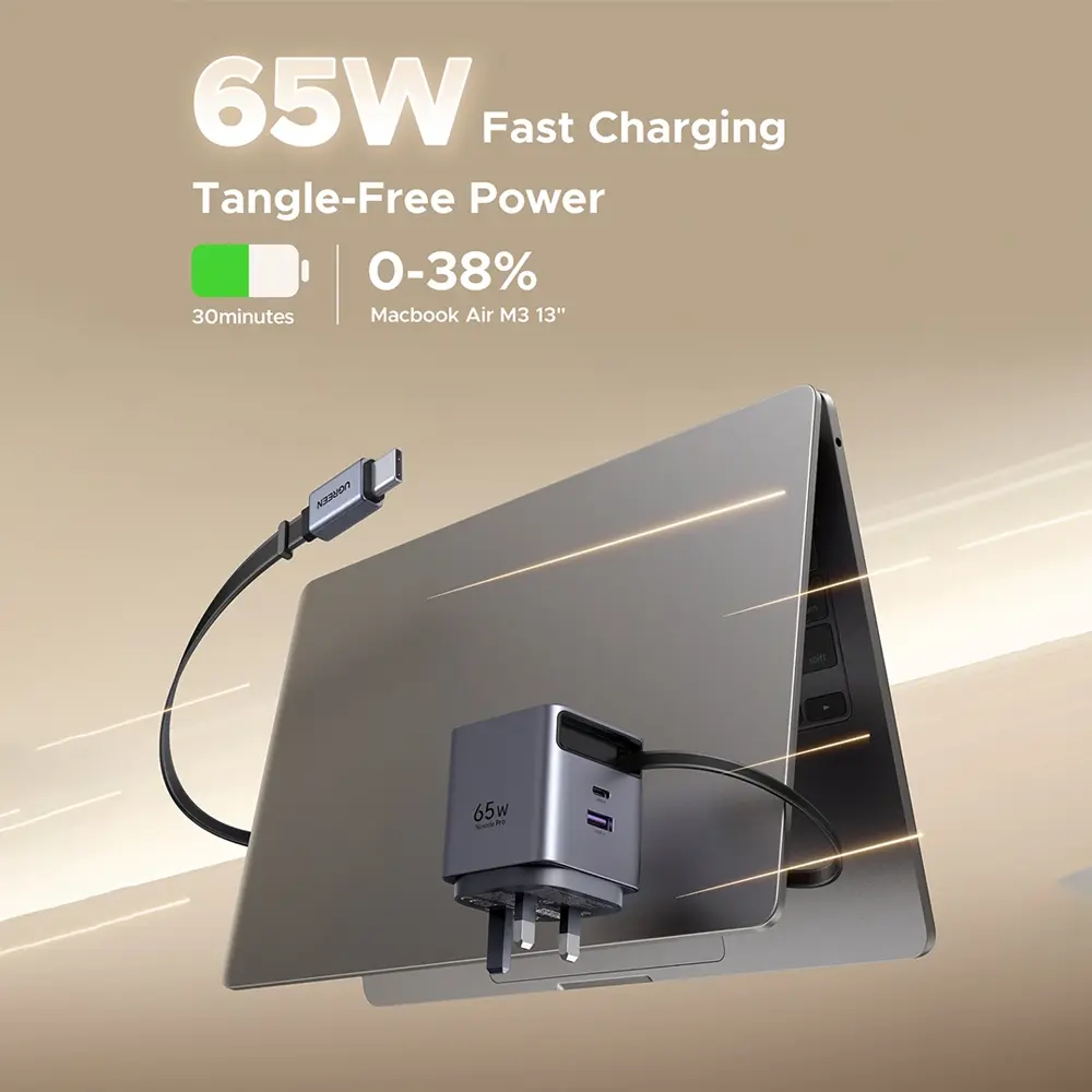 UGREEN Nexode 65W Charger with Retractable USB-C Cable 