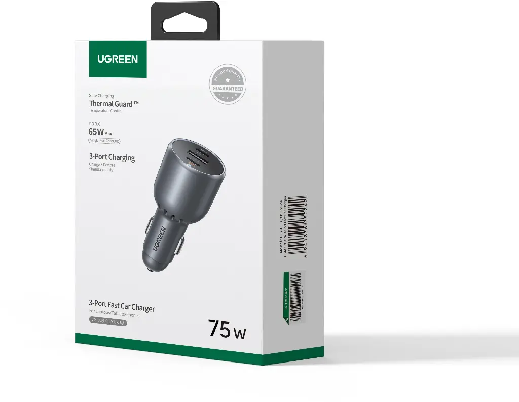 Ugreen EC703 Car Charger USB + 2x USB-C 75W Black - EC703 35024