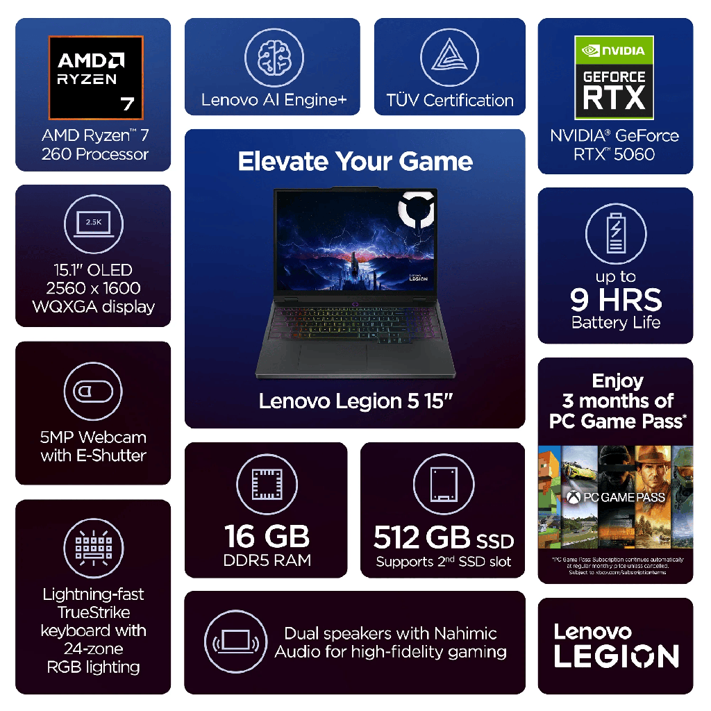 Lenovo Legion 5 15.1" WQXGA OLED Gaming Laptop Ryzen 7-260 16GB RAM 512GB SSD RTX 5060